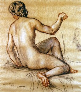 後ろから座っている女性のヌードの習作 1890年頃（紙に木炭、赤と白のチョーク）