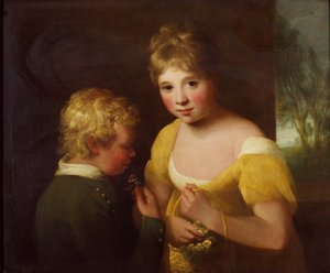 花のバスケットを持った2人の子供（油彩・キャンバス 作： William Tate