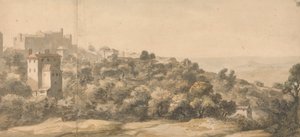 Uma paisagem italiana: vila em uma colina à esquerda, encosta inclinada para a direita, com vale distante além 作： William Taverner