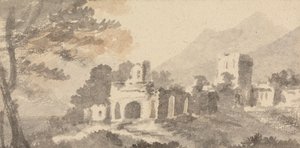 荒廃した城のあるイタリアの風景 作： William Taverner