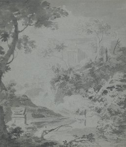 遠くのクラシカルな建物と釣り人のいる風景 作： William Taverner