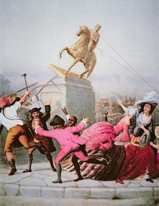 1776年7月9日、ニューヨークの愛国者たちがボウリング・グリーンにあるジョージ3世の像を引きずり落とす 作： William Walcutt