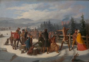 クーパーの「開拓者たちの風景」、「シューティングマッチでの鹿殺し」、1850年頃。 作： William Walcutt