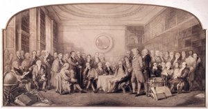 1807-1808年の科学界の著名人たち。イギリスの王立科学研究所の図書館での会合。ウィリアム・ウォーカーとサー・ジョン・ギルバート（1817 - 1897）によるエングレーヴィング - 1807年に生きた著名な科学者たち - Eminent Men of Science 作： William Walker