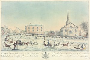 1826年にJ.Smillie Jr.によって刻まれた、Placed&39;Armesでのケベックドライビングクラブの会議