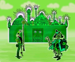 オズの魔法使い』-フランク・ボームの著書（1856-1919）の1900年初版のためにデンスロー、ウィリアム・ウォレス（1856-1915）が描いた3つのイメージの編集-エメラルドの都とその2人の守護者-カラーグリーン、グリーン-エメラルドの都-。 作： William Wallace Denslow
