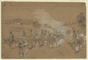 カウツの騎兵隊は、襲撃の後、バトラー将軍の列でキャンプに戻ってきました 作： William Waud