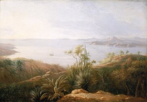 1802年1月、ニューホランド（オーストラリア）南岸の湾。1801年から1803年にかけて、マシュー・フリンダース（1774～1814）が南の土地を地図にするためにインベスティゲーター号で遠征したときのこと。 作： William Westall
