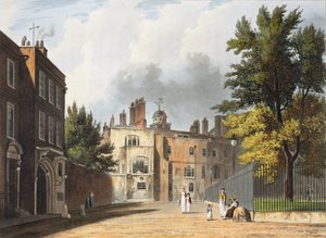 ジョセフコンスタンティンスタドラー（fl.1780-1812）pubによって刻まれた、「カレッジの歴史」の一部である「チャーターハウススクールの歴史」にある広場からのチャーターハウス。 R.アッカーマン、1816年（アクアチント）