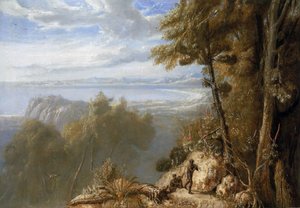 1802年8月、マシュー・フリンダース（1774-1814）が1801年から1803年にかけてインベスティゲーター号で遠征し、南の土地を地図にしたときのポート・ボーウェン（オーストラリア）の眺め。 作： William Westall