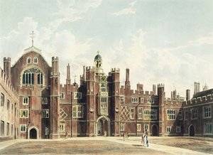 1819年に出版されたトーマスサザーランド（bc1785）によって刻まれたパインの「ロイヤルレジデンス」からのハンプトンコート宮殿の四角形のビュー 作： William Westall