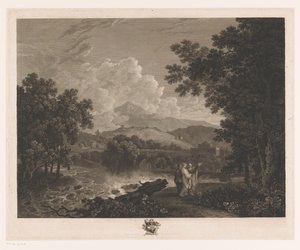 彼の別荘の近くの川のほとりにあるシセロのいる風景 作： William Woollett