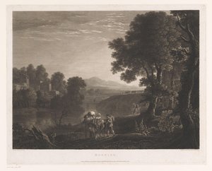 川のほとりでラバに乗った羊飼いと女性のいる風景 朝（オブジェクトのタイトル） 作： William Woollett