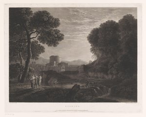 川のほとりに門と塔のある風景 夕方（オブジェクトのタイトル） 作： William Woollett