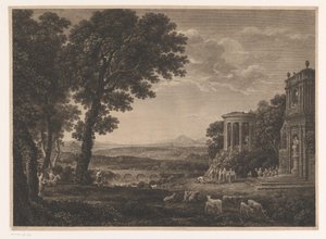 アポロ神殿の前でいけにえを捧げるプシュケの父のいる風景 作： William Woollett