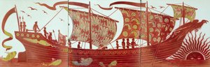 夕暮れの船を描いた3つのタイル（セラミック） 作： William de Morgan