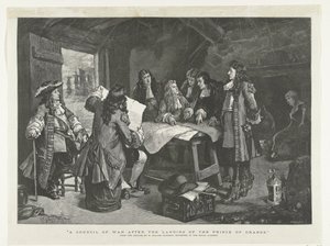 ヴィレム 3 世は、1688 年に漁師の小屋で戦争評議会を開く オレンジの王子の上陸後の戦争評議会 (オブジェクトのタイトル) 作： Williamson