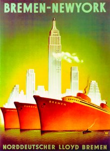 ブレーメン-ニューヨーク」、北ドイツ・ロイドラインの広告ポスター 作： Willy Hanke