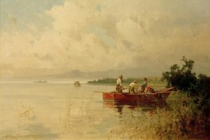 キーム湖の夏の銀行の漁師 作： Willy Moralt
