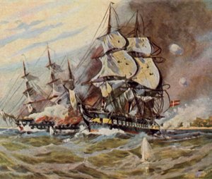 1849年4月5日、エッケルンフェルデ近郊のドイツ軍の海岸砲台（カラーリトグラフ）。