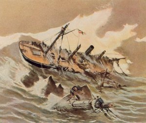 砲艦「イルティス」の沈没（エンハンスト・カラーリトグラフ） 作： Willy Stower