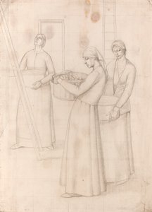 「壁の装飾のためのデザイン」のための習作 - りんごのバスケットを持つ3人の女性、1918年頃（紙に鉛筆） 作： Winifred Knights