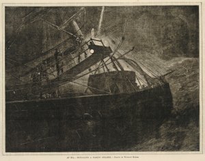 海にて--通過する汽船に合図を送る（1871年4月8日、毎週土曜日より 作： Winslow Homer