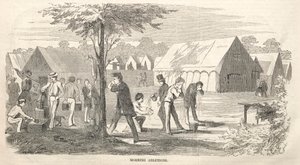 キャンプ会議のスケッチ：朝の清め、1858年。 作： Winslow Homer