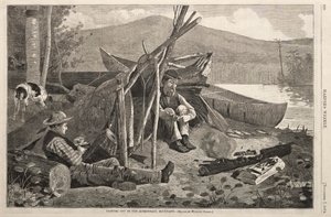 アディロンダック山脈でのキャンプ、1874年。 作： Winslow Homer