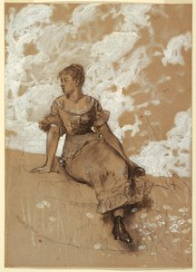 デッサン《座る少女》、『庭の壁』のための習作、1878年 作： ウィンスロー・ホーマー