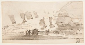 素描《漁船と人々のいる浜辺の風景》カラーコーツ、イギリス、1881-82年