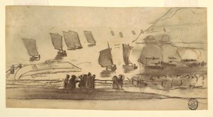 素描《漁船と人々のいる浜辺の情景》カラーコーツ、イギリス、1881-82年