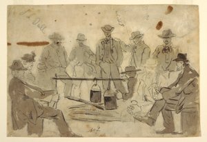 ドローイング、兵士が群がるキャンプファイヤー、1862年