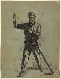 騎兵隊兵士がライフルに装填している図面、1863-64年 作： ウィンスロー・ホーマー