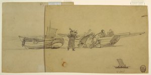 ドローイング、漁船から荷を降ろす男女、イギリス、カラーコーツ、1881-82年