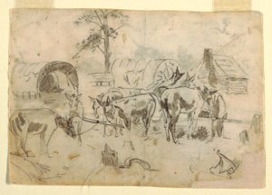 貨車につながれたラバを休ませる図面、1862年