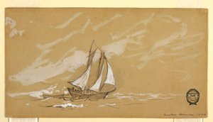 素描、3隻のドリーを乗せたスクーナー、1880年 作： ウィンスロー・ホーマー