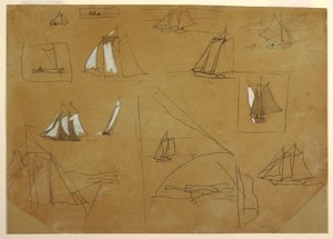 デッサン、帆船のスケッチ、カラーコーツ、イギリス、1881-82年 作： ウィンスロー・ホーマー
