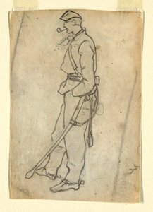 デッサン、剣とパイプを持った兵士、1862年 作： ウィンスロー・ホーマー