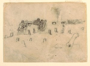 兵士を運ぶ担架手、おそらく1862年のデッサン
