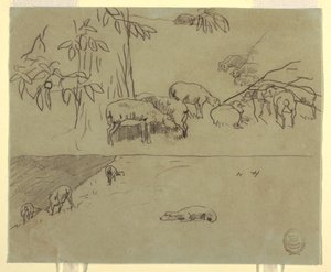 ドローイング、野原で草を食む羊の二景、おそらく1875-78年 作： ウィンスロー・ホーマー