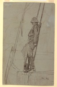 帆船の艤装品にもたれかかる青年、おそらく1861-62年のデッサン 作： ウィンスロー・ホーマー