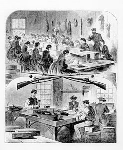 1860年代、マサチューセッツ州ウォータータウンの兵器庫にカートリッジを充填 作： Winslow Homer