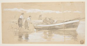 浜辺のドリーに網を積む漁師と女性、カラーコーツ、イングランド 作： Winslow Homer