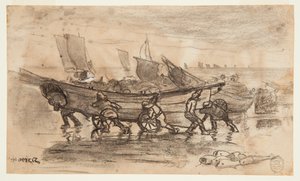 ドリーを浜辺に運ぶ漁師、カラーコーツ、イングランド 作： Winslow Homer
