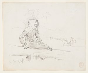 木の幹に座る少女 作： Winslow Homer