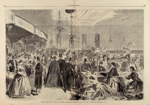 1861年12月、ニューヨーク市の集会所で開かれた大博覧会、市の貧民救済のために（『ハーパーズ・ウィークリー』1861年12月28日号より 作： Winslow Homer