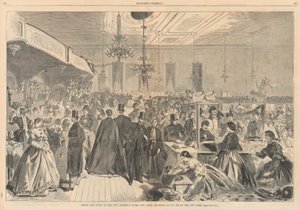 1861 年 12 月、ニューヨーク市の集会室で、市の貧しい人々を支援するための大博覧会。 ハーパーから 作： Winslow Homer