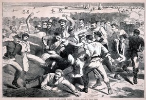野営地の休日 - 「フットボール」をする兵士たち、『ハーパーズ・ウィークリー』、1865年7月15日 作： ウィンスロー・ホーマー