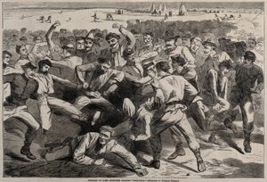 キャンプの休日-フットボールをする兵士、1865年。 作： Winslow Homer